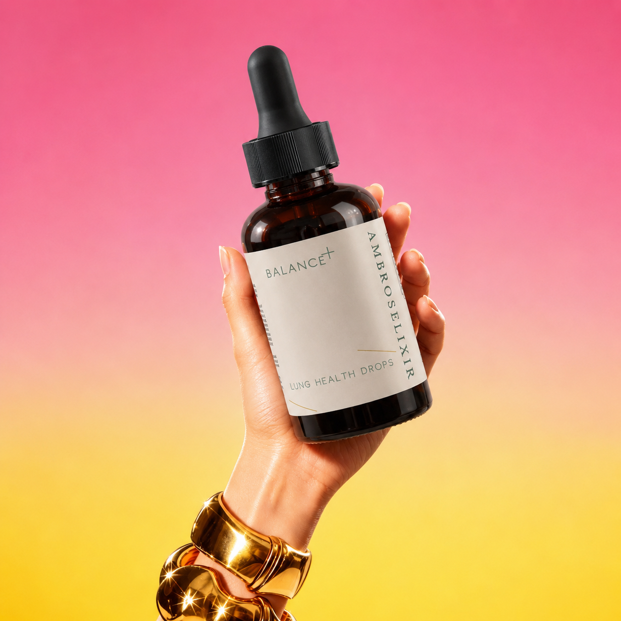 Hand holding a bottle of Ambroselixir  lung health drop with a gradient pink to yellow background