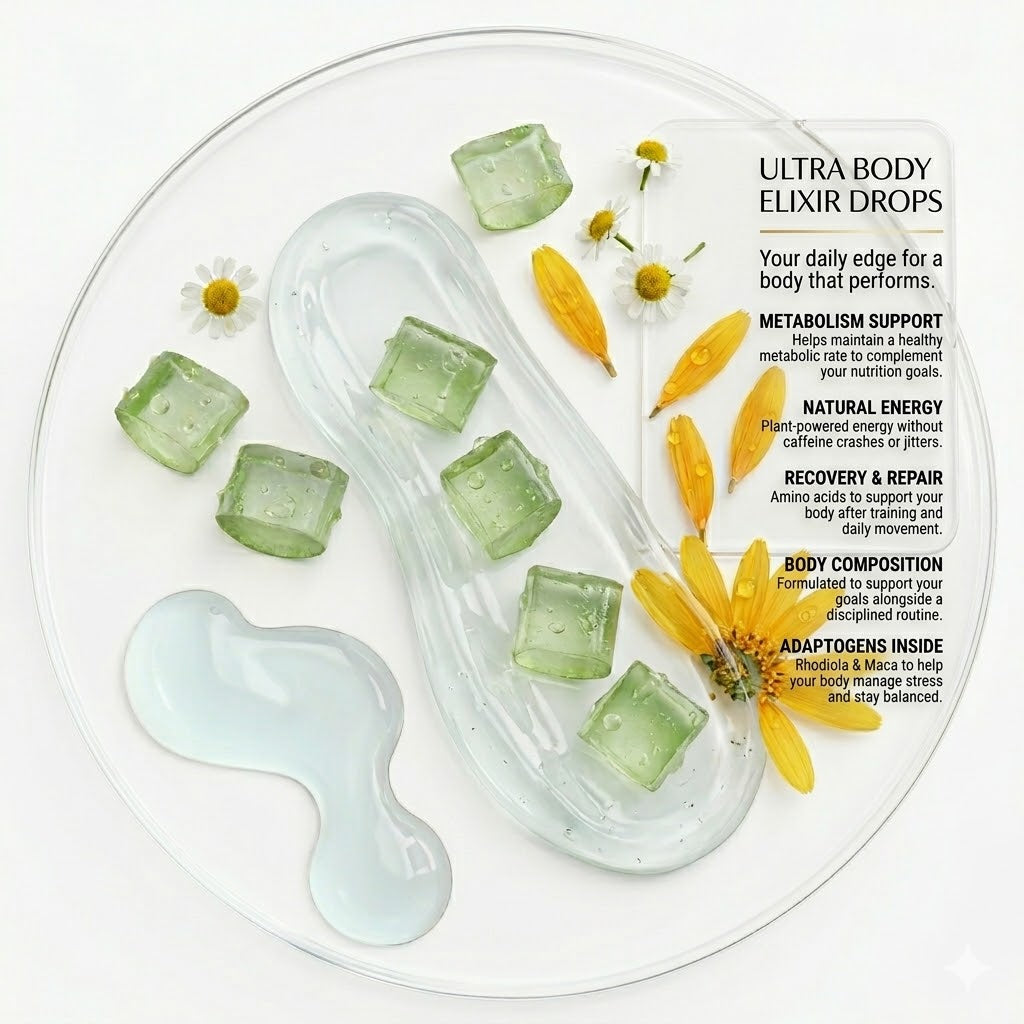 Product packaging with green capsules, flowers, and a tool on a white background