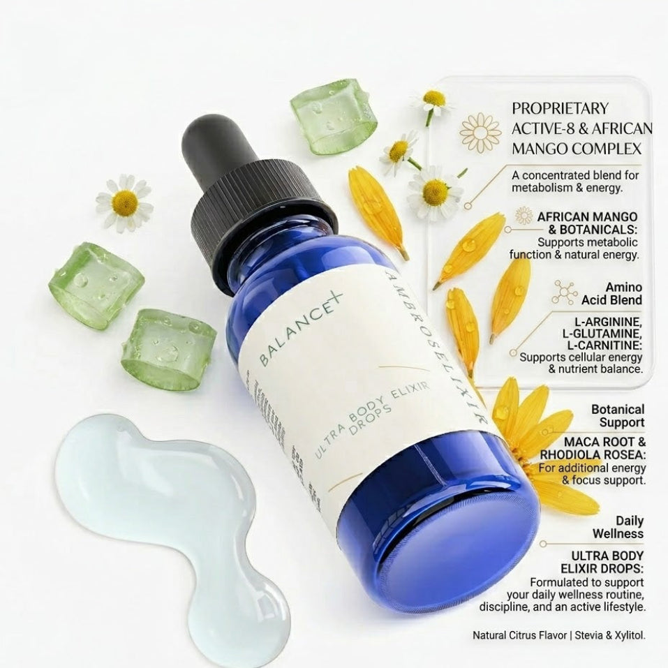 Blue bottle with dropper labeled 'Balance' on a white background with botanical elements.